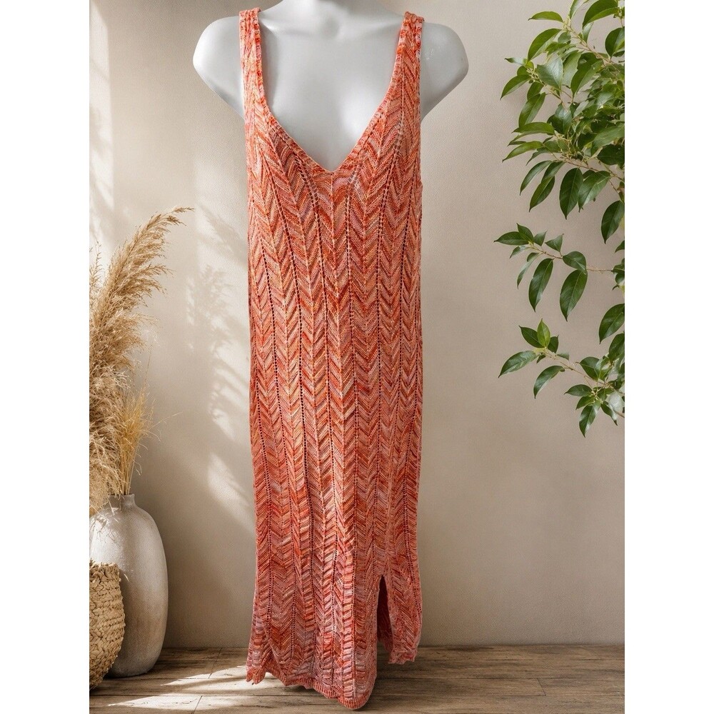 Madden NYC Crochet Knit V-Neck Tank Midi Dress Space Dye Medium Shell Pink